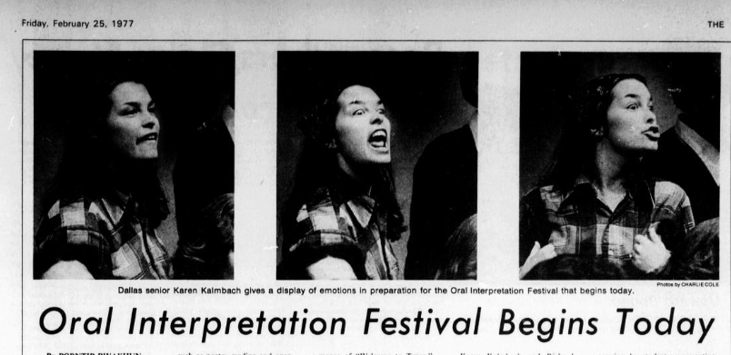 Newspaper clipping of young woman giving oral interpretation, headline below reads "Oral Interpretation Festival Begins Today"