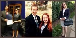 A woman standing with a congressperson in their office, a woman posing with her dad in professional clothes, and a woman posing in professional clothes in a stiched together image