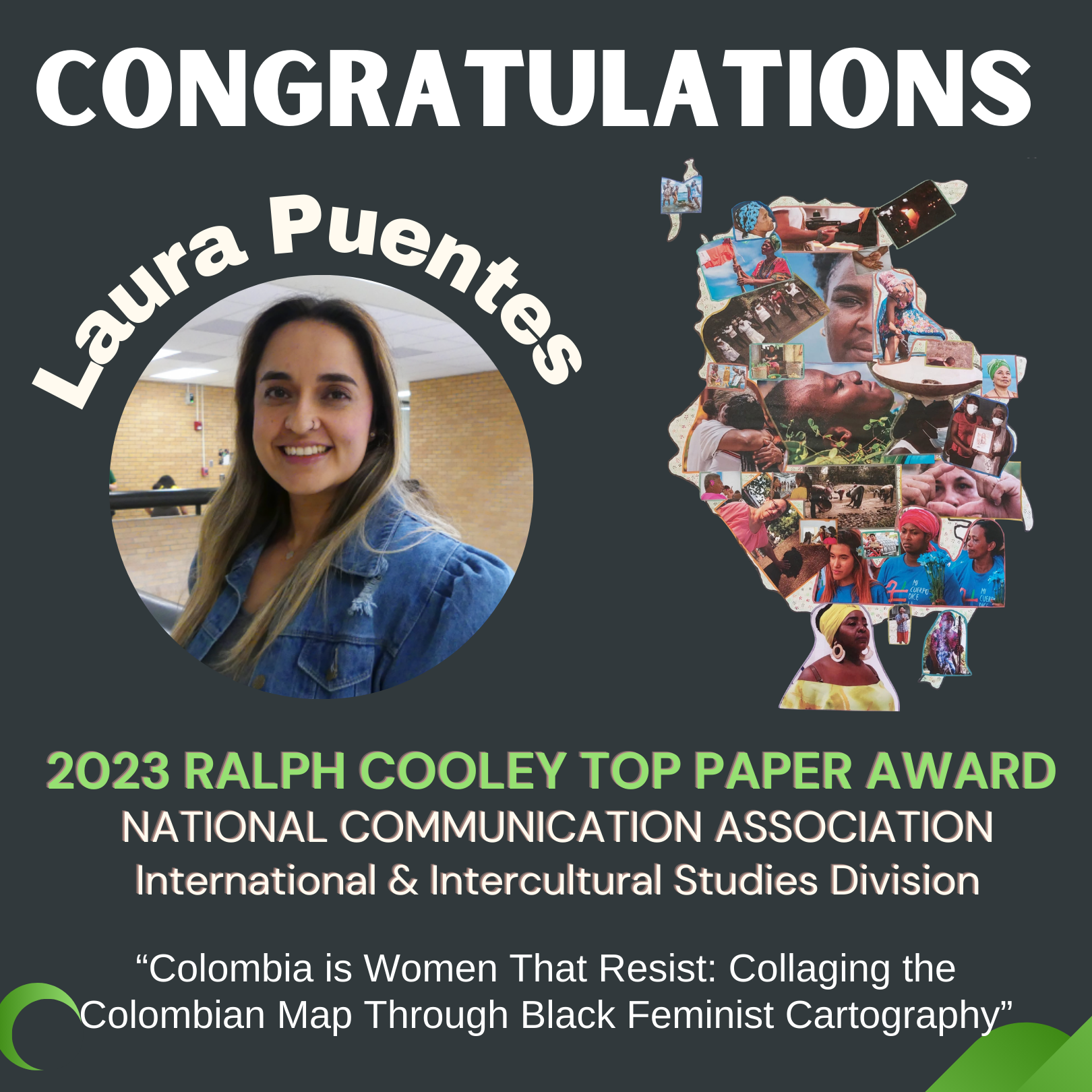 Award graphic congratulating Laura Puentes on receiving the 2023 Ralpha Cooley Top Paper Award with collage of Colombian women in shape of Colombia