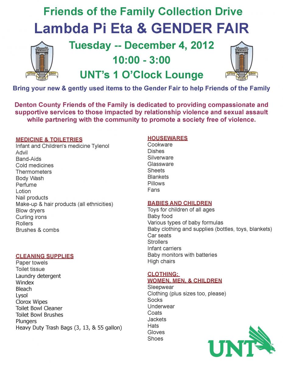 List of items accepted for the Friends of the Family Collection Drive at UNT Gender Fair