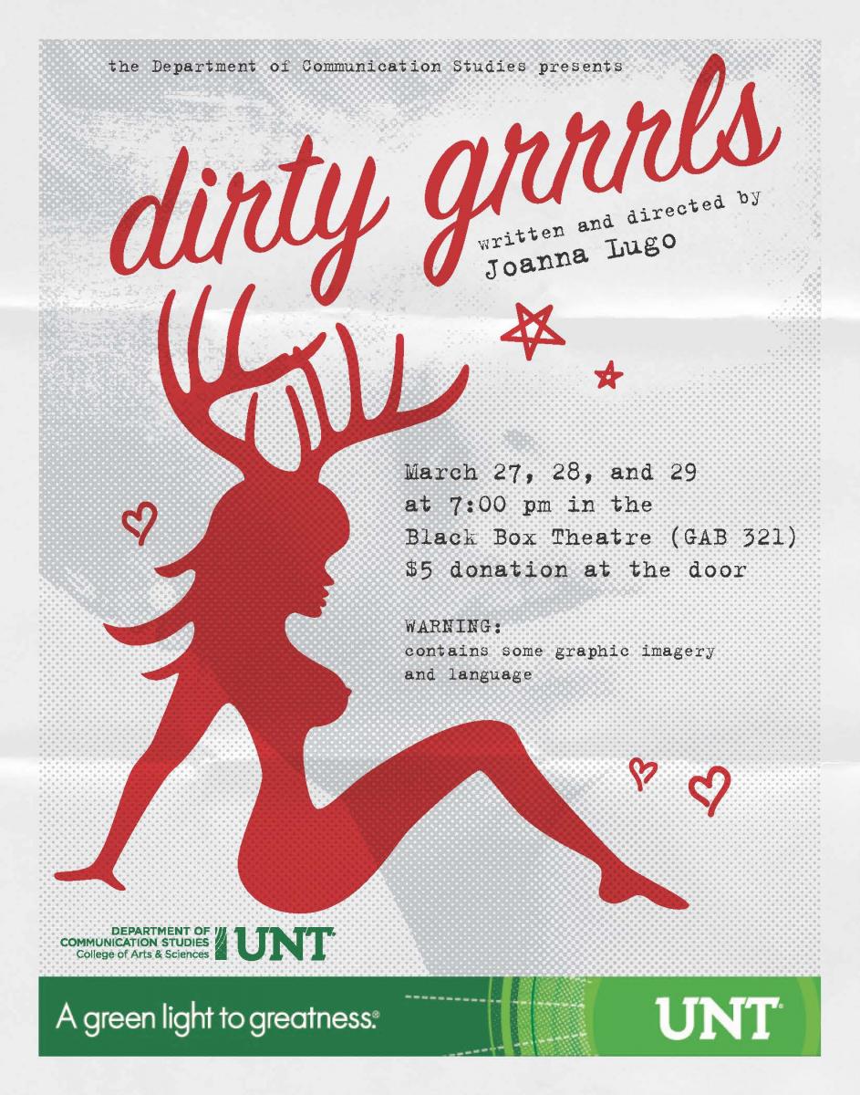 Dirty Grrls poster featuring a red silhouette of a woman with antlers