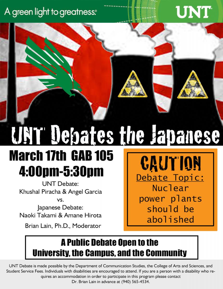 UNT Debates the Japanese poster with imagery of the rising sun flag collaged under nuclear power plants