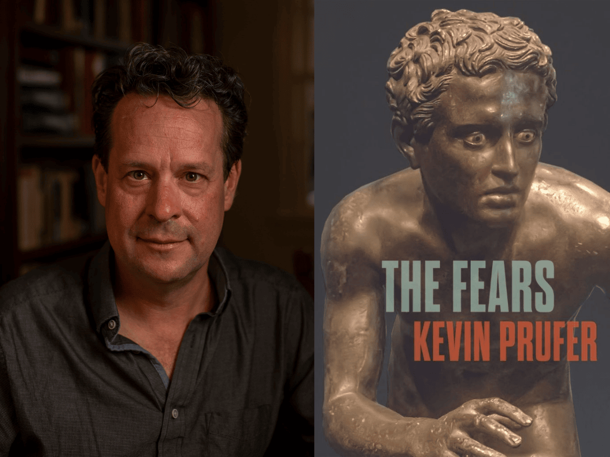 Headshot of Kevin Prufer, 2024 Rilke Prize winner, and the cover of his winning book, The Fears 
