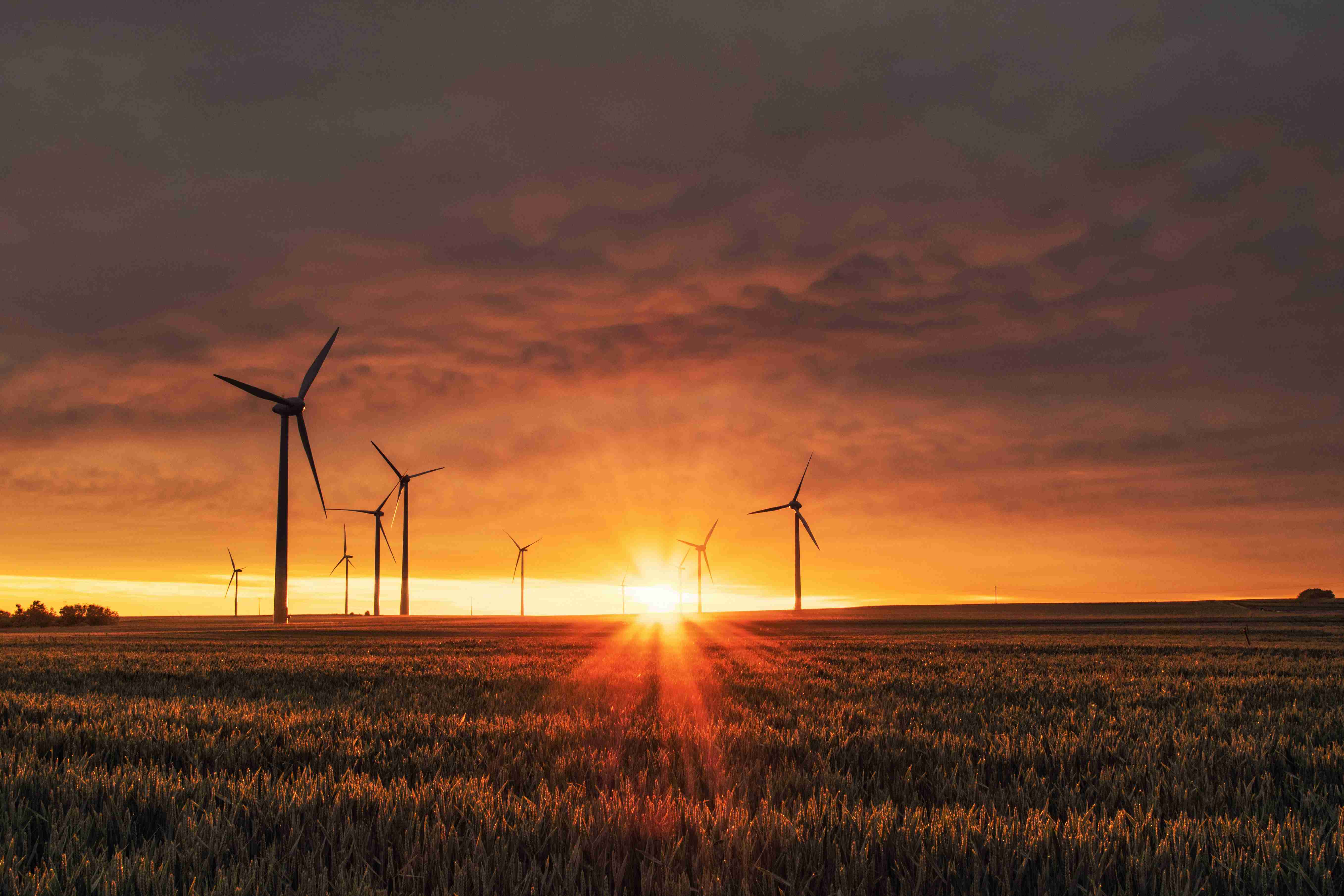 Wind turbines on farmland at sunset with orange and purple clouds