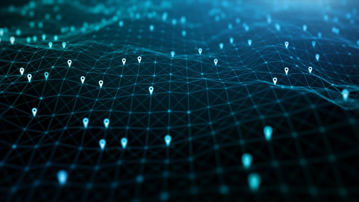 Glowing blue 3-D mesh network with location pins scattered across it