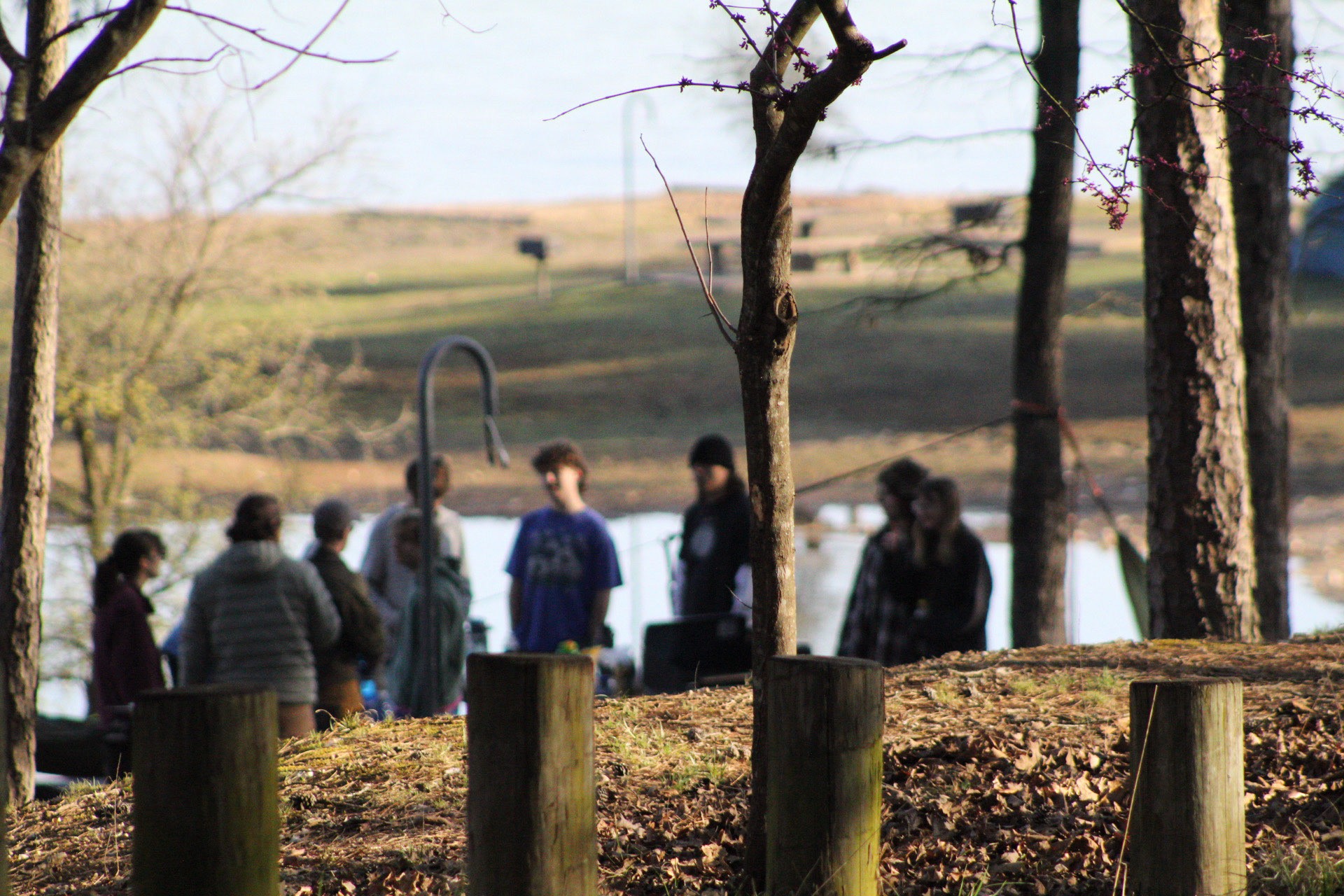 Students gathered near lakeside trees
