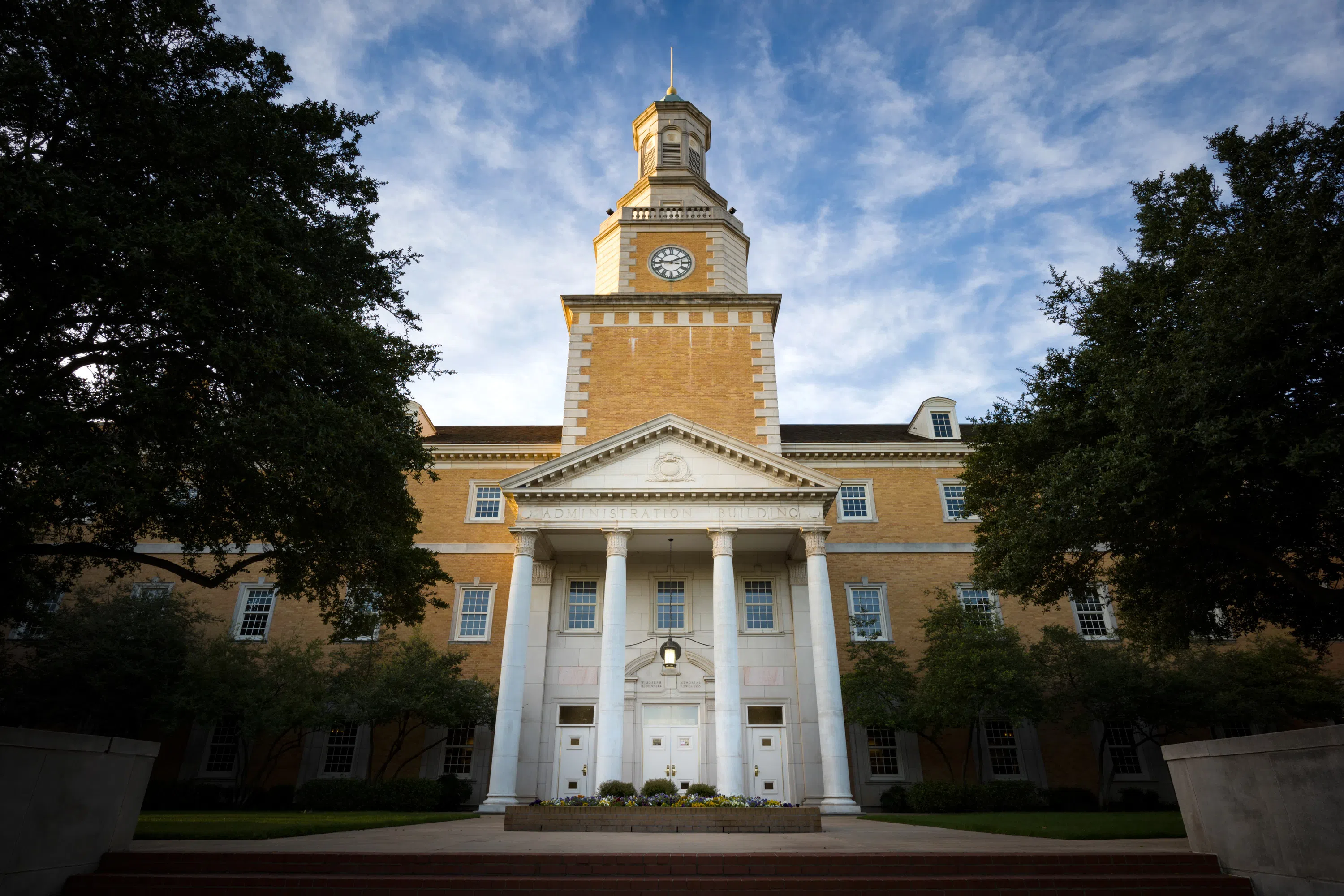 UNT Administration Building with clock tower and white columns