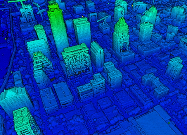 3D LiDAR map of city buildings in blue and green