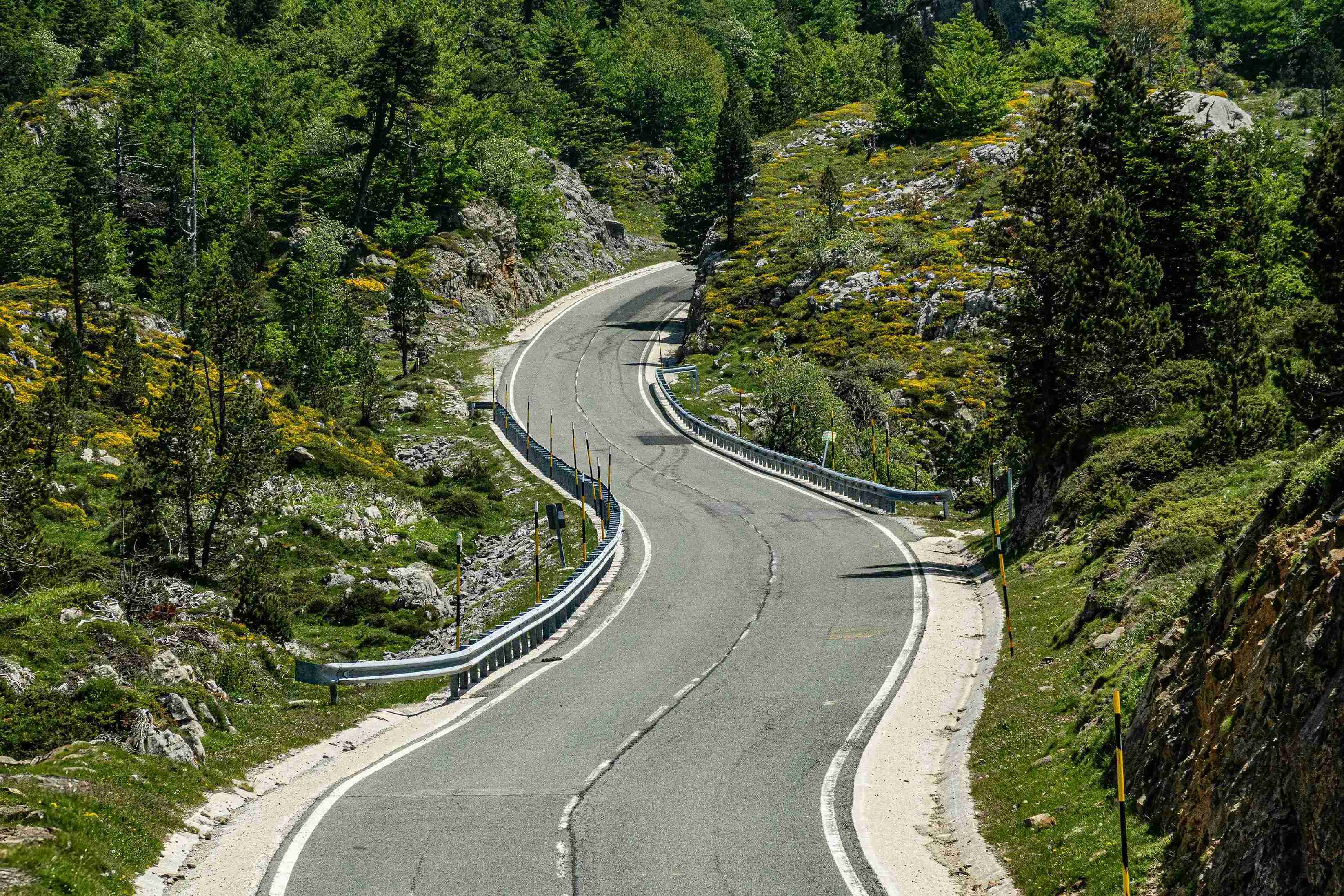 Winding road through green hills