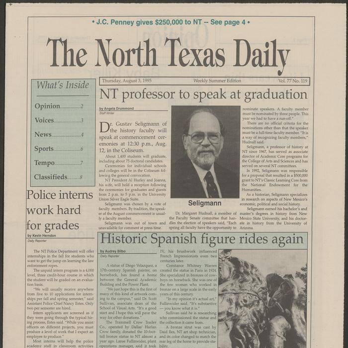 NT Daily front page: Dr. Gus Seligmann chosen as commencement speaker, dated August 1995 NT Daily front page: Dr. Gus Seligmann chosen as commencement speaker, dated August 1995