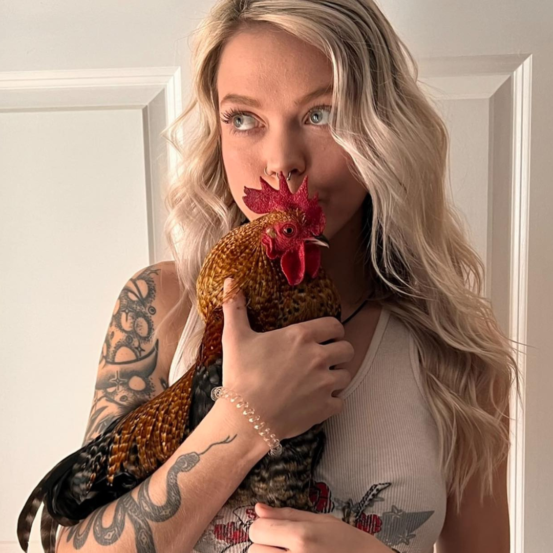 Woman holds a rooster