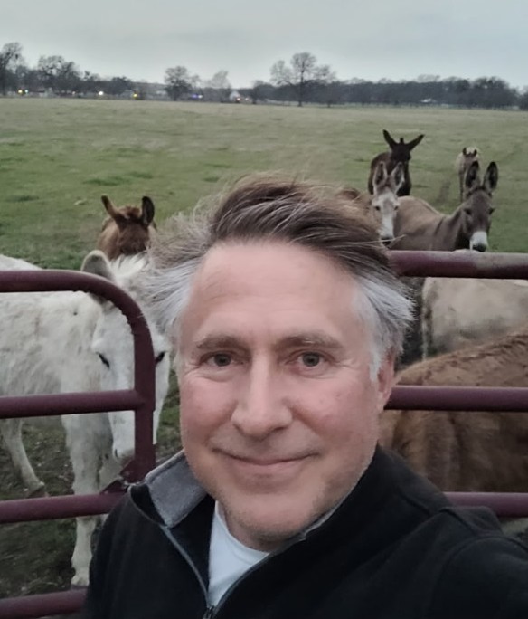A man stands in front of a herd of donkeys