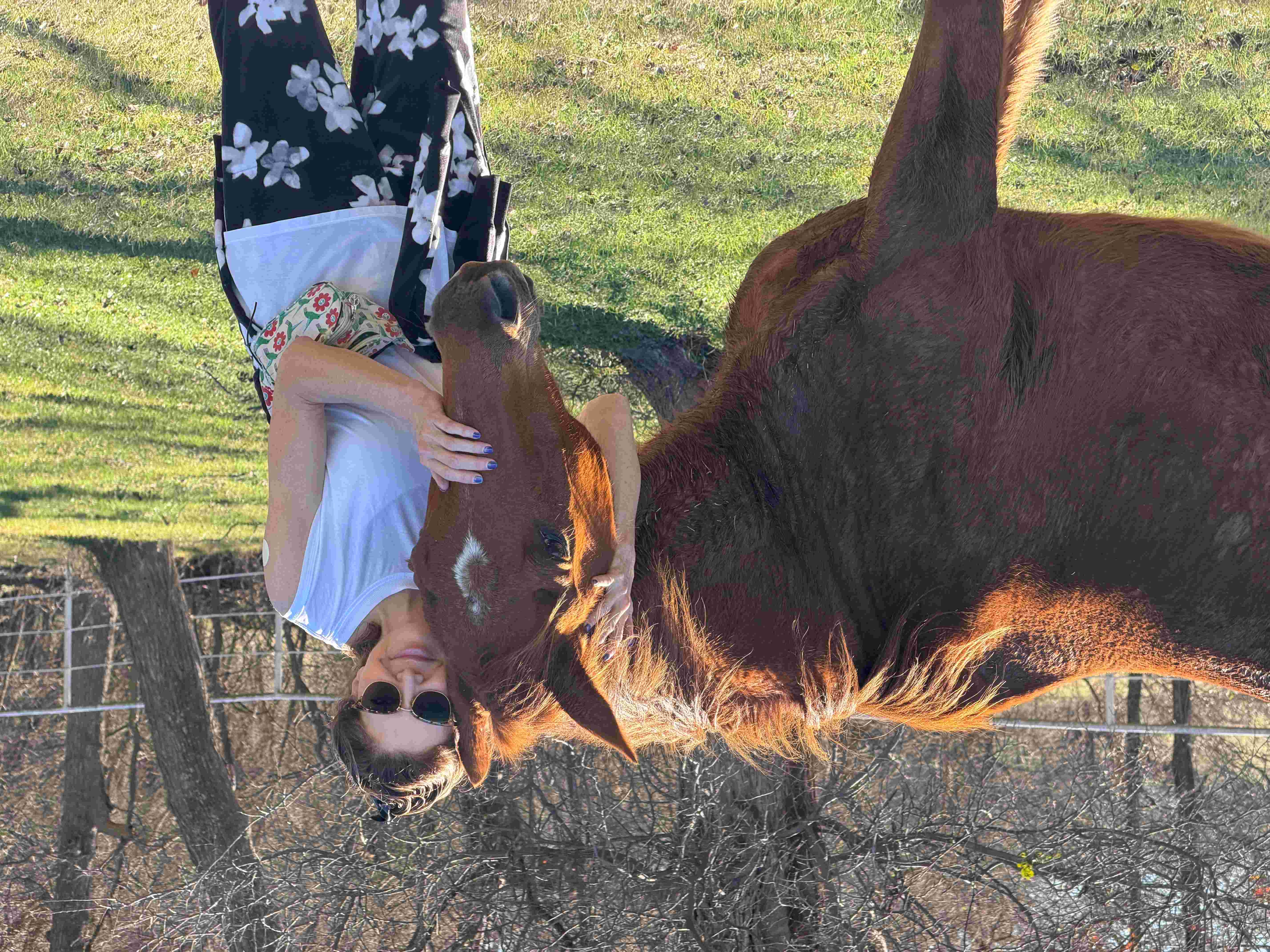 A woman stands next to a horse