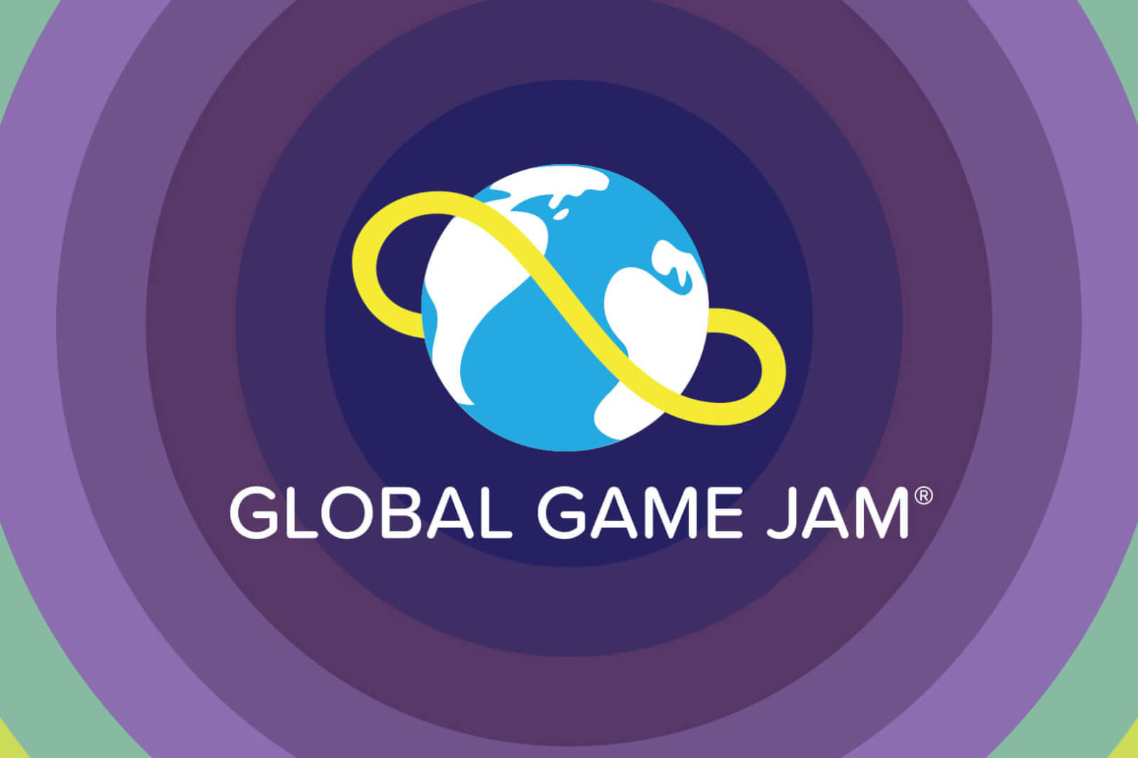Global Game Jam logo of the earth surrounded by a yellow infinity symbol on an ombre purple background. 