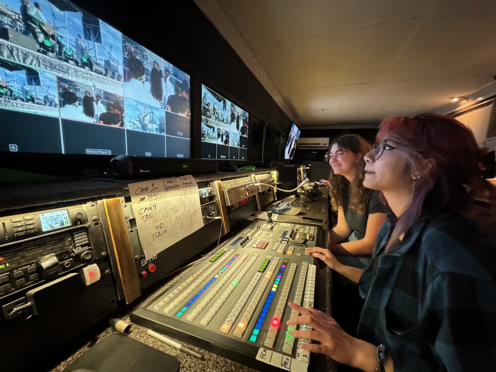Live coverage of the bonfire in the control room with students running the mobile production board. 