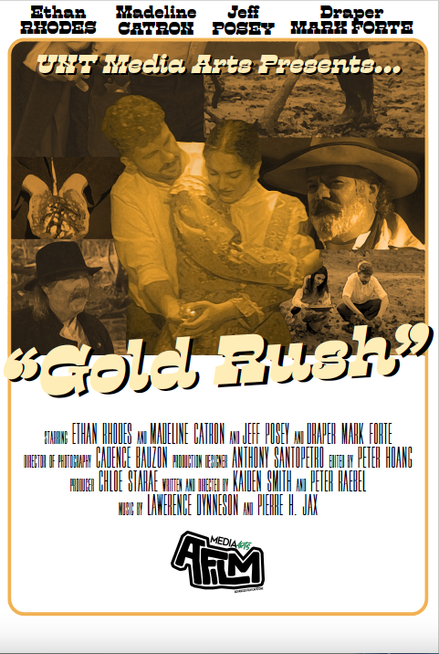 Movie poster: Old timey style with sepia tone of a collage of scenes from the film "Gold Rush".