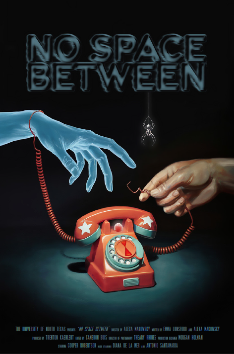 Movie Poster: Ghost hand and human hand both reaching for a phone. "No Space Between"