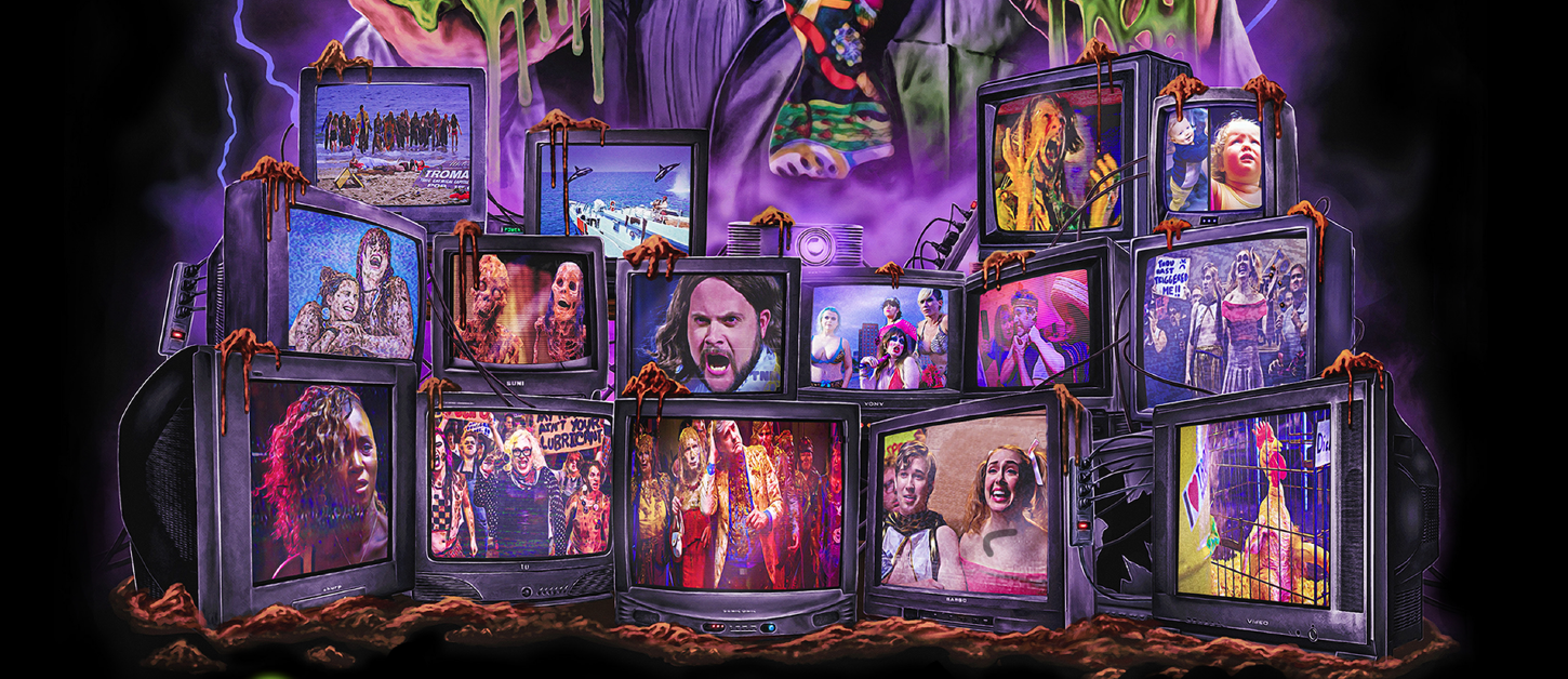 Illustration of TVs stacked on top of each other with stills from the film #Shakespeares Shitstorm