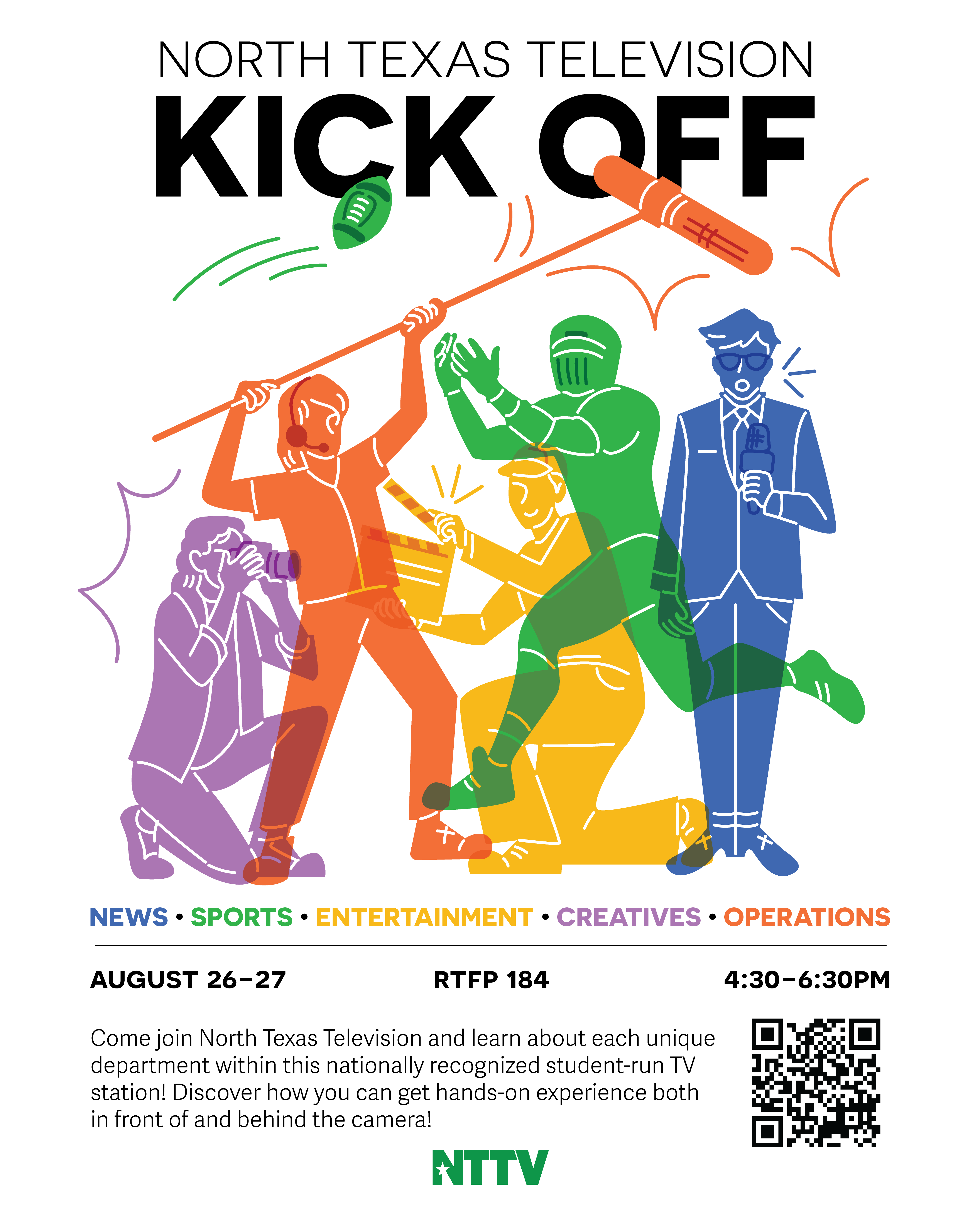 Colorful silhouettes doing various positions at a news station.