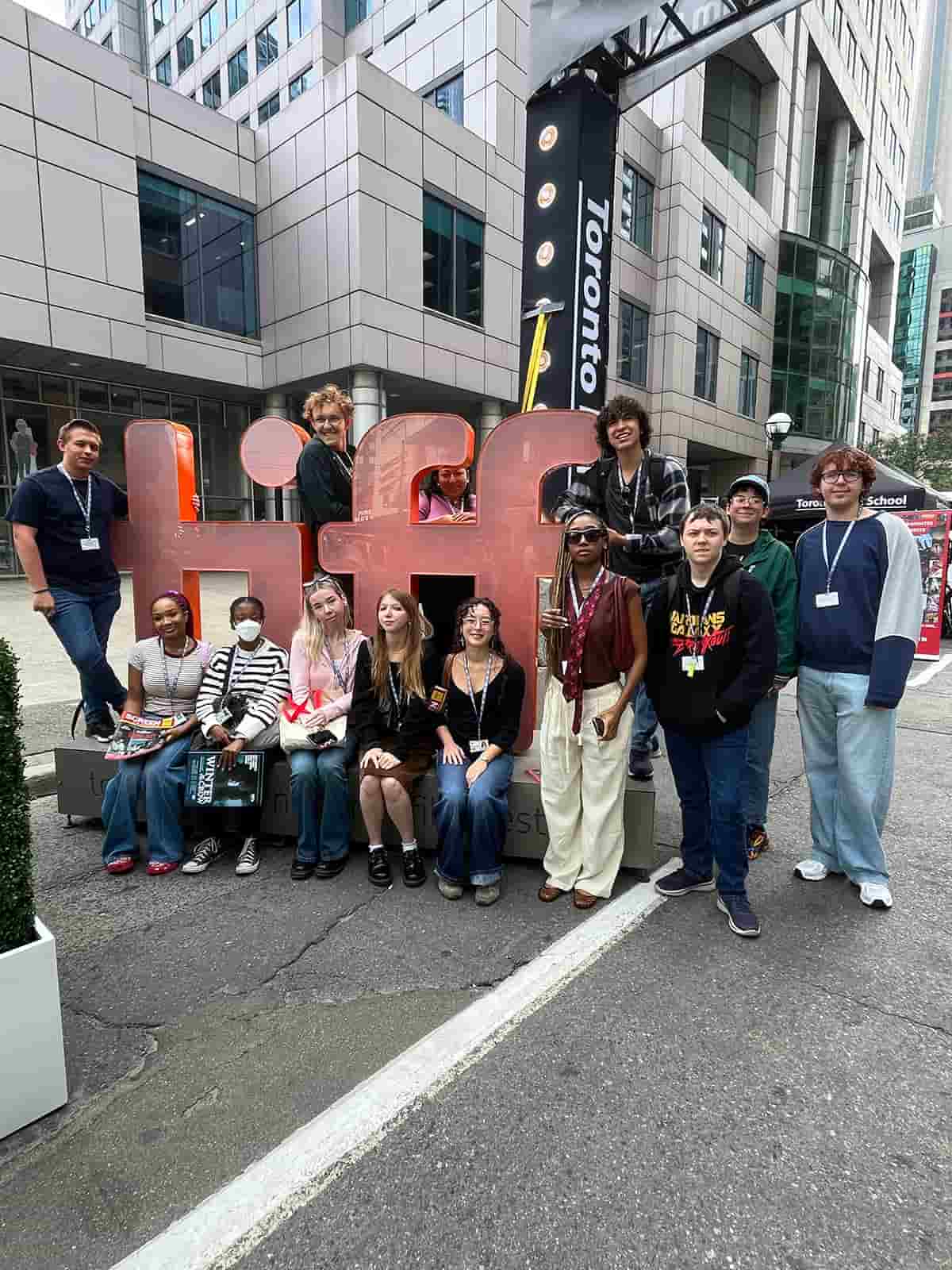 UNT students at the TIFF logo sculpture in downtown Toronto
