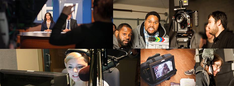 Collage of behind the scenes shots of students running the daily news at ntTV. 